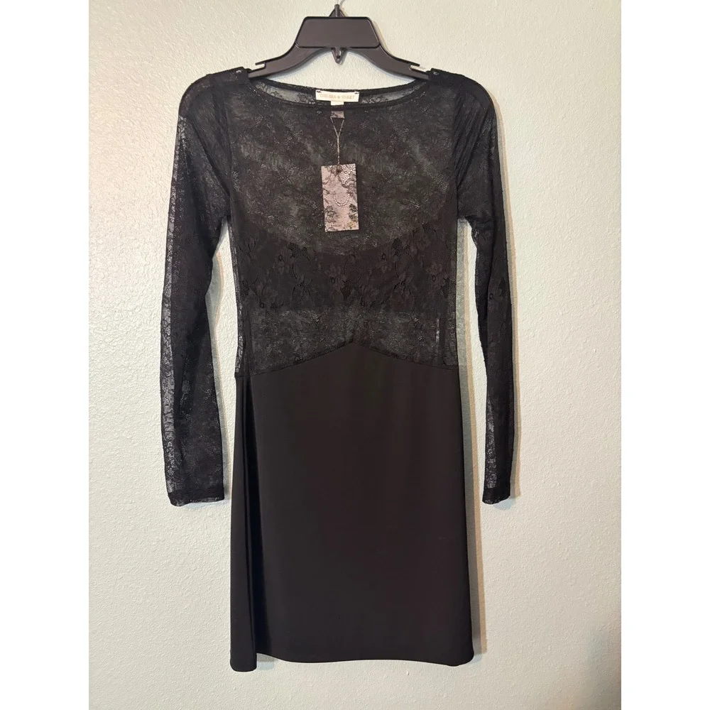 Chelsea & Violet Womens Black Lace Sheer Long Sleeve Mixed Media Mini Dress XS